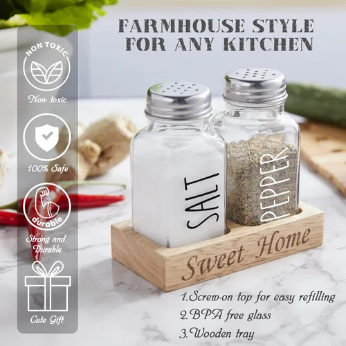 Miniatura 4 de Salero y pimentero de cristal con soporte, juego de sal y pimienta transparente Dopeca con organizador de madera para encimera de cocina o mesa