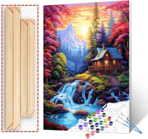 Miniatura 15 de Tucocoo Kit de pintura de flores para casa por números con pinceles y pigmento acrílico sobre lienzo para adultos, paisajes de bosques arroyos