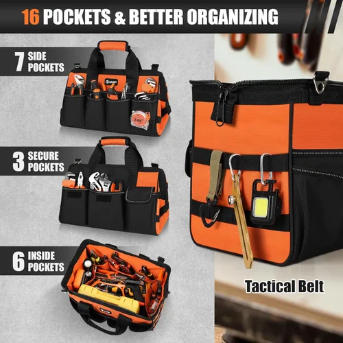 Miniatura 3 de UUP Bolsa de herramientas resistente de 15 pulgadas, 16 bolsillos, portátil, suave, organizador de almacenamiento, asa táctica de transporte, caja
