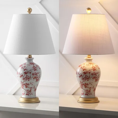 Miniatura 5 de JONATHAN Y JYL3009C Grace 24" lámpara de mesa LED de cerámica/hierro estilo cabaña francesa, floral, estilo campo, blanco/rojo para recámara, sala