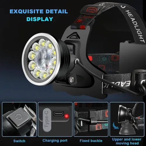 Miniatura 2 de Linterna de faro delantero, linterna LED recargable brillante, luz frontal impermeable con lámpara trasera para acampar al aire libre, correr