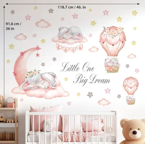 Miniatura 5 de DECOWALL Calcomanías de pared Dream Big Little One – Calcomanías de pared de luna y estrellas de elefante, despegar y pegar, extraíble, decoración