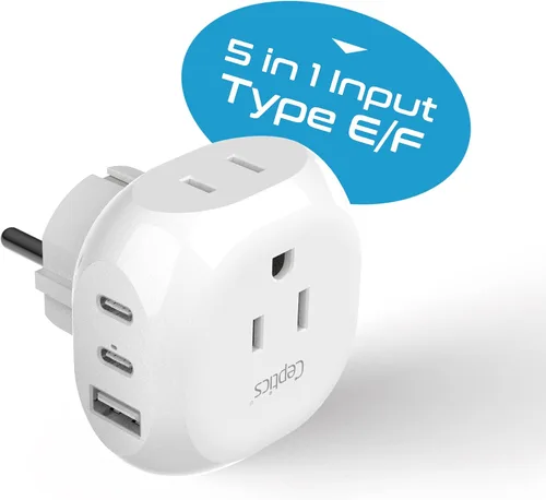 Miniatura 2 de Ceptics Adaptador de viaje Schuko europeo - 5 entradas con 20 W PD-QC 3.1A Dual USB-C y USB - Ultra compacto - Peso ligero - Estados Unidos