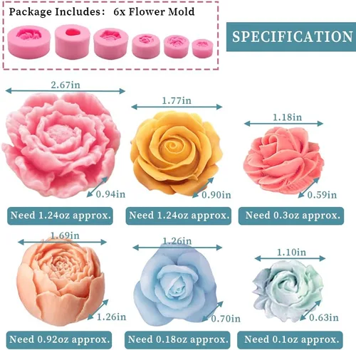 Miniatura 2 de Juego de 6 moldes de fondant de flores 3D, moldes de silicona rosa para hacer jabón de velas, decoración de postres hechos a mano, decoración de 6