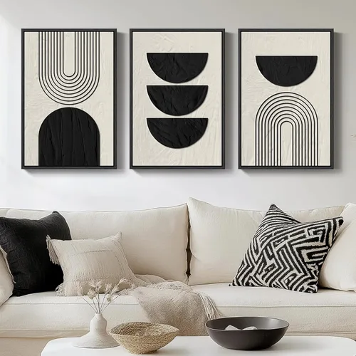 Miniatura 37 de Arte abstracto neutro en blanco y negro para sala de estar, 3 cuadros de impresiones en lienzo, para paredes, imágenes geométricas minimalistas