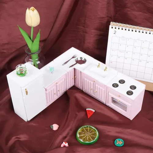 Miniatura 7 de Kit de muebles de cocina para casa de muñecas 1:12, casa de muñecas en miniatura, armario de cocina, juego de nevera, muebles de comedor para casa
