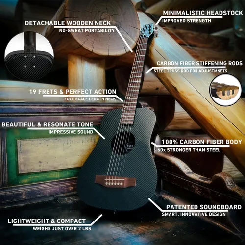 Miniatura 3 de KLOS - Guitarra acústica de fibra de carbono duradera, color negro con bolsa de concierto, correa, cejilla y más