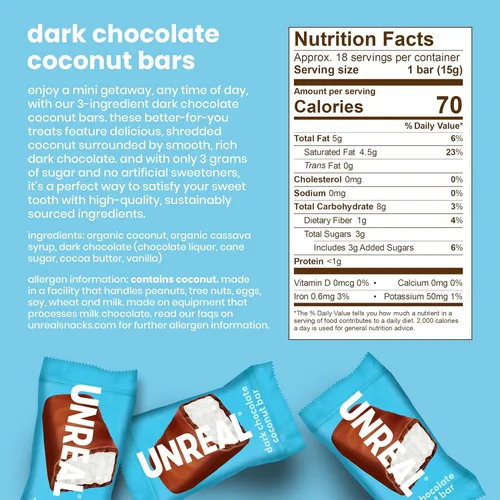 Miniatura 2 de UNREAL Barras de Chocolate Oscuro con Coco (Bolsa Tamaño Económico) Veganas, 3g de Azúcar y 3 Ingredientes Simples Sin OMG, Sin Gluten