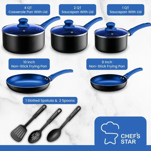 Miniatura 2 de Juego de utensilios de cocina, 11 piezas, ollas y sartenes para cocinar, antiadherentes, apto para lavavajillas y utensilios de cocina, por Halter