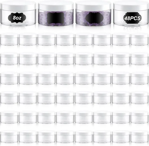 Miniatura 13 de Paquete de 48 tarros de plástico de 4 onzas con tapas y etiquetas doradas, recipientes de cosméticos de boca ancha a prueba de fugas de 4 onzas