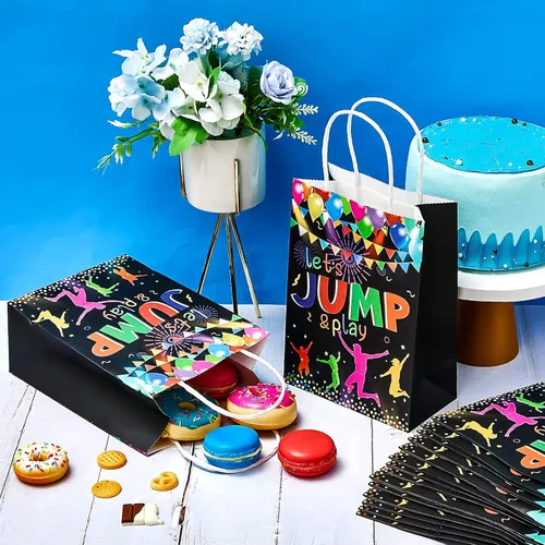 Miniatura 4 de Crtiin 32 bolsas de regalo para trampolín para saltar con temática de salto, bolsas con asas de papel, regalos de fiesta coloridos para niños
