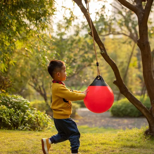 Miniatura 2 de Columpio redondo de bola ajustable colgante de patio al aire libre rojo, bola redonda inflable de goma resistente, bomba incluida