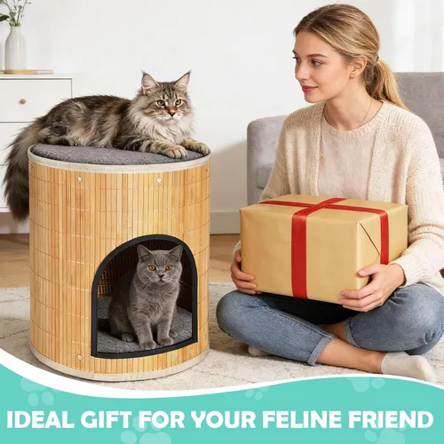 Miniatura 7 de Camas para gatos en casa, cueva de bambú tejida a mano, cubo para mascotas, casas grandes para gatos, 2 alfombrillas de cama, plegable, escondite