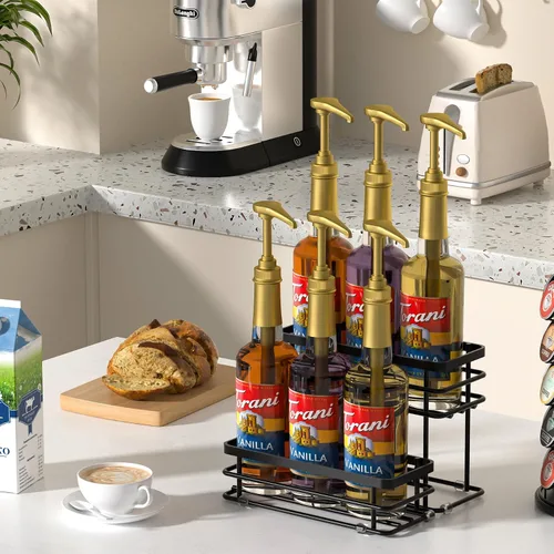 Miniatura 7 de Organizador de jarabe de café, soporte para botellas de jarabe para barra de café, 2 niveles, 6 estantes de almacenamiento para jarabe, vino