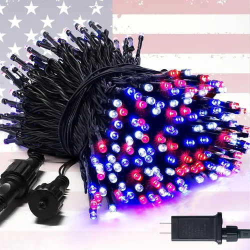 JMEXSUSS 250 luces LED rojas, blancas y azules para decoraciones del 4 de julio, luces patrióticas conectables de 91.5 pies para exteriores,