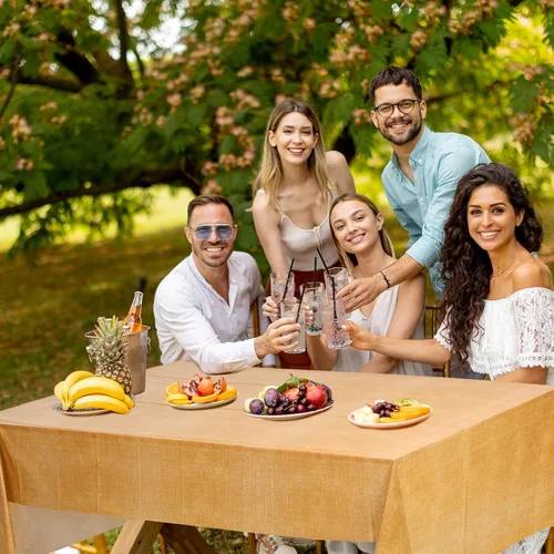 Miniatura 5 de Preboun Mantel con estampado de arpillera de 3 piezas, mantel rústico de granja, rectangular, impermeable, para fiestas al aire libre, hogar