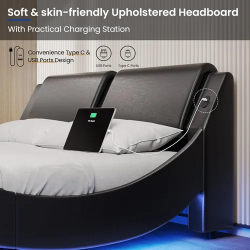 Miniatura 6 de DICTAC - Marco de cama Queen con luces LED y puertos de carga, cama moderna tapizada tamaño Queen con cabecera, marco de cama de plataforma