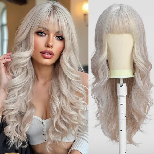 Miniatura 17 de Esmee Pelucas largas onduladas de color rubio ceniza para mujer con flecos, peluca de cabello sintético natural para uso diario y de fiesta