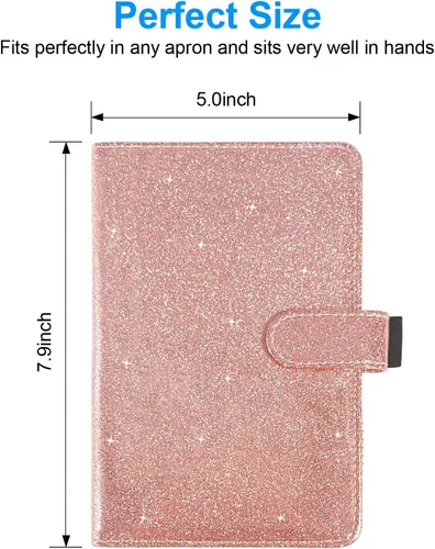 Miniatura 6 de Libreta para camarera, organizador de cuero con bolsillo con cremallera, cartera de dinero para camarera brillante y soporte para bolígrafos, Oro
