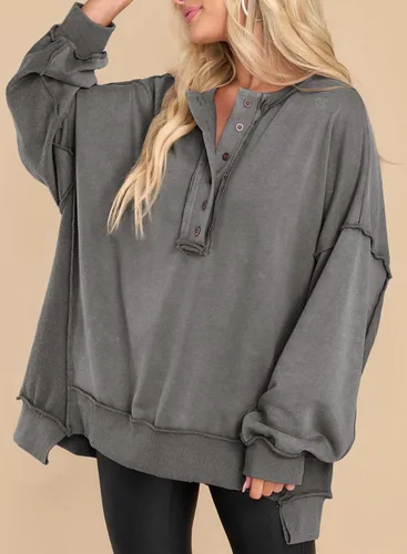 Miniatura 45 de AlvaQ - Sudadera de gran tamaño para mujer, informal, de manga larga, con botones y cuello Henley, tipo túnica