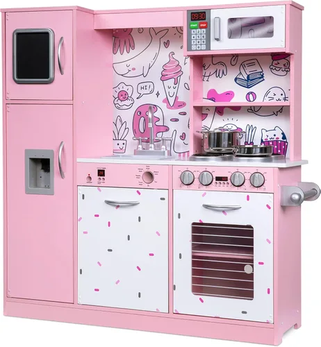 Miniatura 10 de Lil' Jumbl Set de Cocina Infantil, Cocina de Madera de Juguete, Heladera con Hielo Operada a Batería y Microondas con Sonido Realista, Incluye Ollas