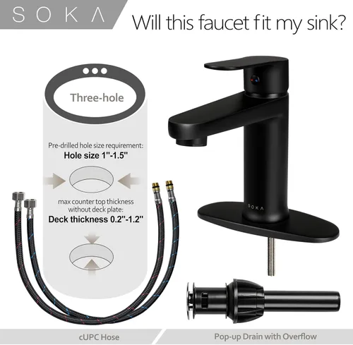Miniatura 6 de SOKA - Grifo de baño de latón negro mate con tapón de desagüe emergente y placa de cubierta - Grifo monomando para RV con 1 o 3 agujeros