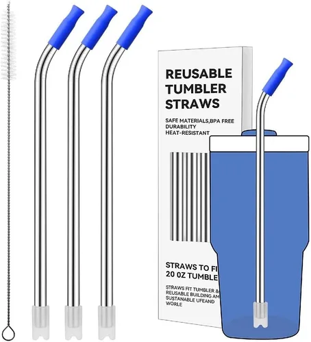 Miniatura 101 de Pajitas de metal rectas para vaso Stanley de 40 onzas, paquete de 3 popotes reutilizables de acero inoxidable con puntas de silicona y cepillo Gris