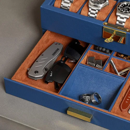 Miniatura 28 de ROTHWELL Caja de reloj de cuero de 10 ranuras con cajón de valet, organizador de exhibición de lujo con forro de microgamuza ultrasuave, soporte