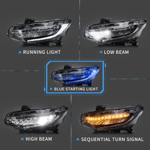 Miniatura 3 de VLAND Lámpara frontal LED compatible con Honda Civic 2016-2021 Sedán/Coupe/Hatchback/Tipo R con iluminación de respiración azul de arranque con Luz