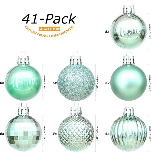 Miniatura 42 de Sea Team Paquete de 41 adornos de bolas de Navidad con cuerdas, bolas de tamaño mediano de 2.36 pulgadas, bombillas de Navidad de plástico Menta