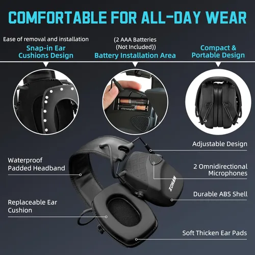 Miniatura 5 de ZOHAN EM054 Electronic Ear Protection for Shooting Range with Sound Amplification Noise Reduction, Ear Muffs for Gun Range D4-2pack-negro y azul