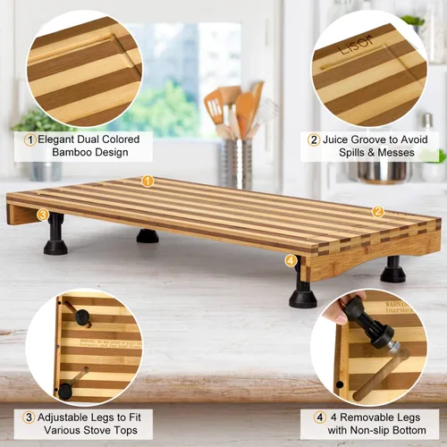 Miniatura 3 de Cubierta de bambú para estufa y tabla de cortar de encimera con patas ajustables, 21.14 x 11.42 pulgadas, tabla de cortar de doble propósito