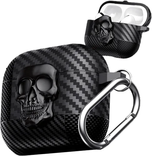 Funda para AirPods Pro de 2ª generación, calavera con cerradura y llavero para hombres, divertida fibra de carbono de cuerpo completo, a prueba de