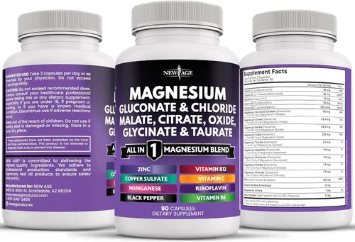 Miniatura 6 de NEW AGE Suplemento de Magnesio - Potente Glicinato Citrato Malato Óxido Taurato Aspartato Gluconato Orotato y Cloruro de Mag Manganeso, Soporte