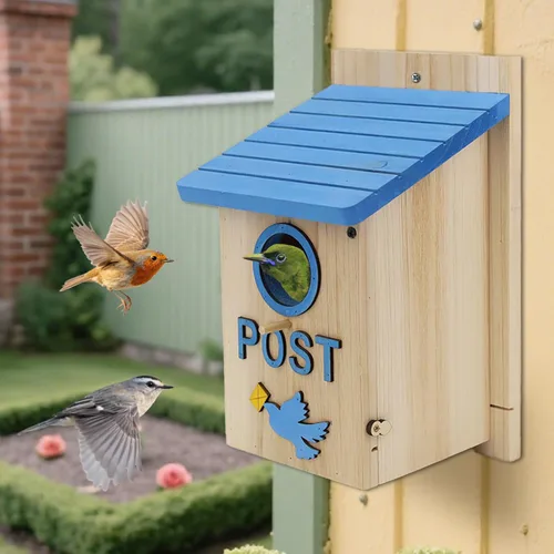 Miniatura 8 de Casas de madera para pájaros para exteriores, buzón de madera azul, casa de pájaros para exteriores, agujero de entrada para pájaros para jardín