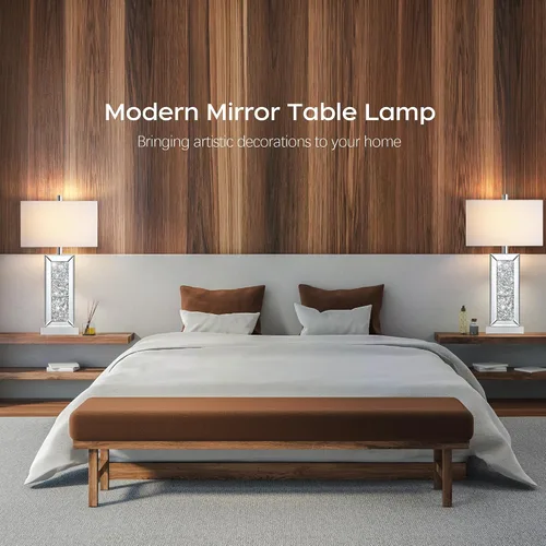 Miniatura 12 de Juego de 2 lámparas de mesa modernas con control táctil, lámpara de noche de espejo plateado con gran cristal de diamante, con puertos USB C+A
