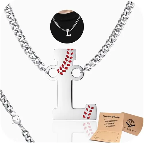 Miniatura 25 de QINJIEJIE Collar de béisbol inicial A-Z con letras, accesorios deportivos, colgante de encanto de béisbol, joyería de cadena de acero inoxidable 2-P