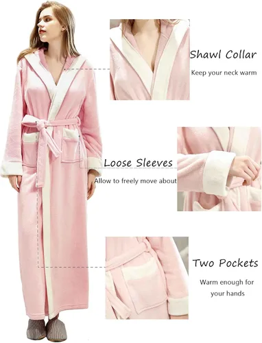 Miniatura 4 de Artfasion Batas de baño largas y suaves con capucha para mujer, ropa de dormir cálida para invierno, bata de regalo