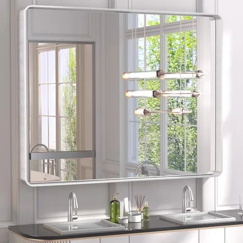 Miniatura 87 de TETOTE Espejo de marco dorado cepillado de 16 x 24 pulgadas, espejo de tocador de baño de latón dorado para pared, espejo enmarcado rectangular