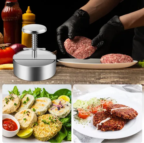 Miniatura 6 de Prensa de hamburguesas, prensa de carne de hamburguesa ajustable de acero inoxidable, moldes antiadherentes para hacer hamburguesas son adecuados