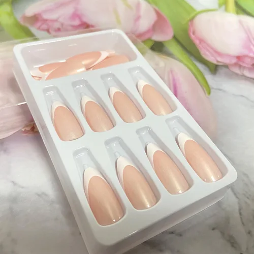 Miniatura 6 de Uñas postizas largas a presión de almendra, uñas postizas Aurora con punta francesa, 24 unidades, naturales, brillantes, cobertura completa
