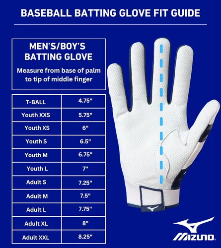 Miniatura 3 de Mizuno B-303 Guantes de béisbol para bateo Par Para adultos y jóvenes Palma de cuero de grano completo Inserciones AirMesh Solapas