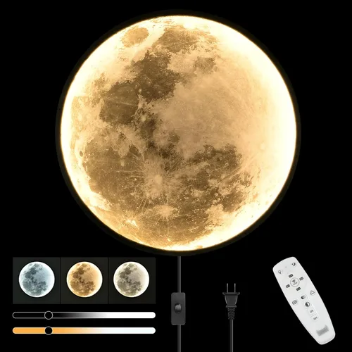 Miniatura 8 de QIYIMEILUX - Lámpara de pared de luna regulable con enchufe moderno LED con control remoto de 9.5 pulgadas y 15 W, lámpara de pared negra para Negro