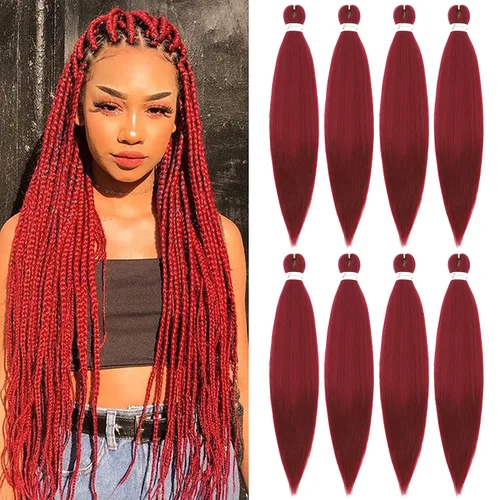 Cabello trenzado preestirado con ajuste de agua caliente rojo de 26 pulgadas, paquete de 8 paquetes de 8 paquetes de extensiones de cabello de fibra