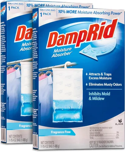 Bolsas colgantes de absorción de humedad Damp Rid - 2 paquetes individuales de 15.4oz sin fragancia - Desodorante para armario y eliminador de