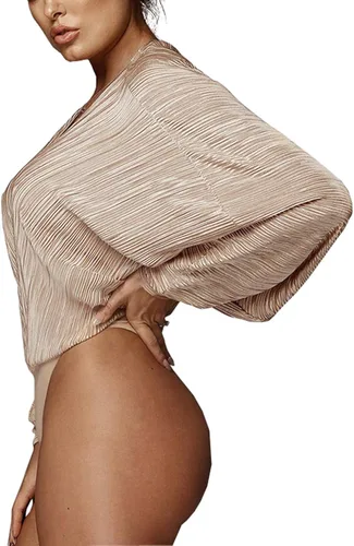 Miniatura 2 de Weigou - Body o enterizo de manga larga con cuello en V plisado holgado para mujer camisas de leotardo