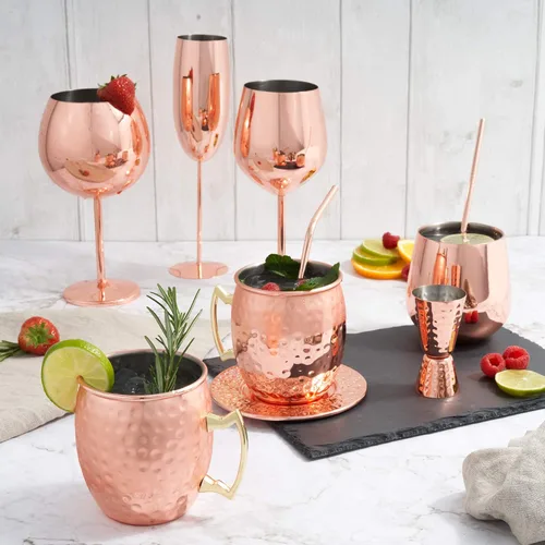 Miniatura 6 de Oak & Steel - Juego de 4 copas de vino de acero inoxidable de oro rosa en caja de regalo de Navidad, copa de vino de metal de 18 onzas, copas