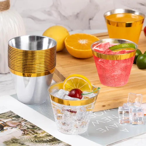 Miniatura 2 de Goodluck 100 vasos de plástico dorados de 9 onzas para fiestas, vasos desechables con borde dorado, vasos de cóctel de plástico para bodas, Acción
