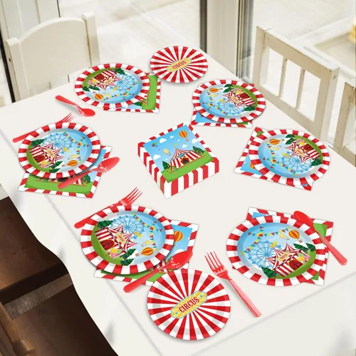 Miniatura 6 de Tevxj Juego de vajilla de circo de 96 piezas con temática de carnaval, platos de postre desechables, platos de fiesta de circo, servilletas