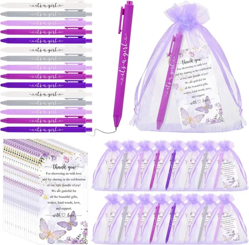 Miniatura 7 de Chuangdi Juego de 50 bolígrafos de baby shower, recuerdos para invitados, bolígrafos con texto en inglés "It's a Boy Girl", tarjetas de Azul